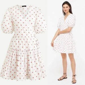(W0) J. Crew White Rose Dot Puff Sleeve Cotton Poplin Wrap Dress Size L